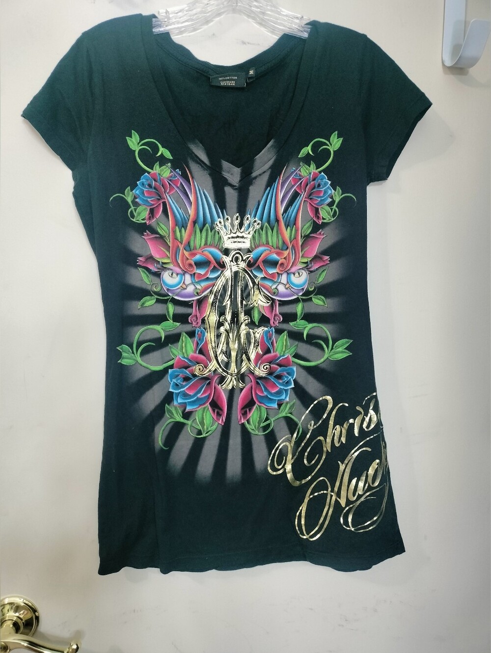 Christian Audigier Black V-Neck Tee with Multicolor Floral Crown Graphic